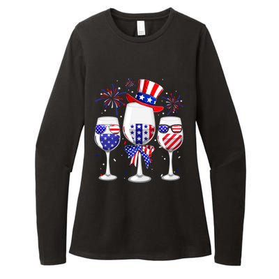 Red White Blue Wine Glasses American Flag Happy 4th Of July Womens CVC Long Sleeve Shirt