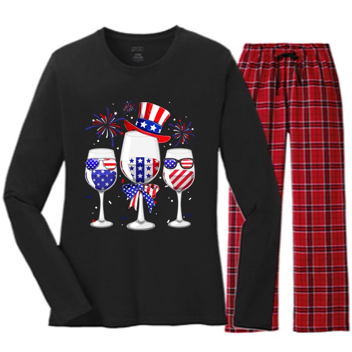 Red White Blue Wine Glasses American Flag Happy 4th Of July Women's Long Sleeve Flannel Pajama Set 