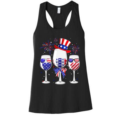 Red White Blue Wine Glasses American Flag Happy 4th Of July Women's Racerback Tank