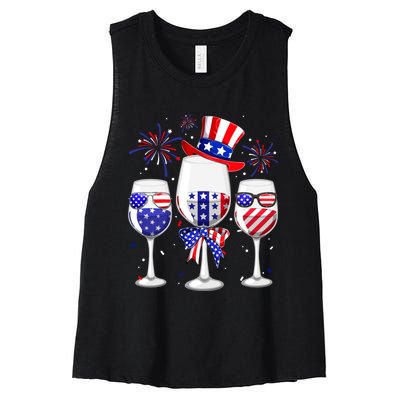 Red White Blue Wine Glasses American Flag Happy 4th Of July Women's Racerback Cropped Tank