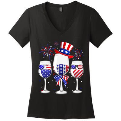 Red White Blue Wine Glasses American Flag Happy 4th Of July Women's V-Neck T-Shirt