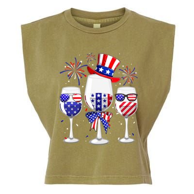 Red White Blue Wine Glasses American Flag Happy 4th Of July Garment-Dyed Women's Muscle Tee