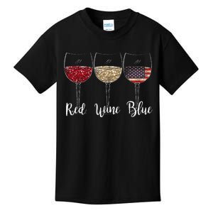 Red Wine Blue Wine Glasses USA Flag 4th of July Patriotic Kids T-Shirt