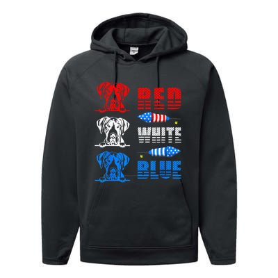 Red White Blue Three Cute Great Dane 4th July American Flag Performance Fleece Hoodie