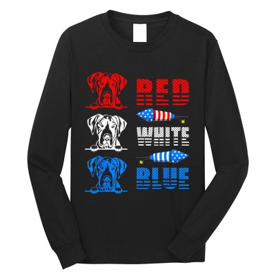 Red White Blue Three Cute Great Dane 4th July American Flag Long Sleeve Shirt