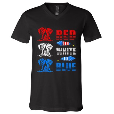 Red White Blue Three Cute Great Dane 4th July American Flag V-Neck T-Shirt