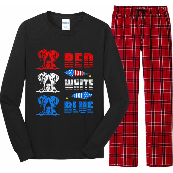 Red White Blue Three Cute Great Dane 4th July American Flag Long Sleeve Pajama Set