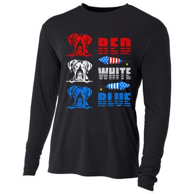 Red White Blue Three Cute Great Dane 4th July American Flag Cooling Performance Long Sleeve Crew