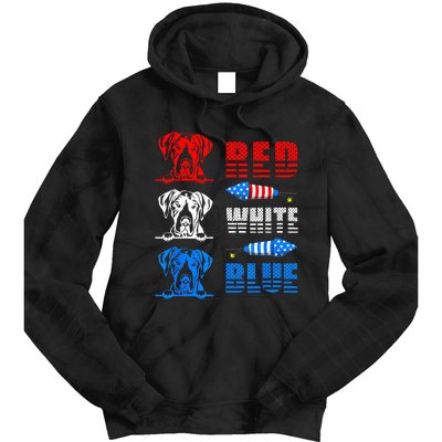 Red White Blue Three Cute Great Dane 4th July American Flag Tie Dye Hoodie