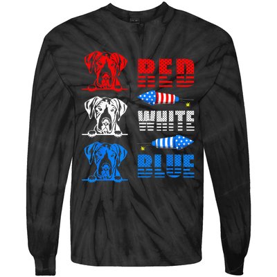 Red White Blue Three Cute Great Dane 4th July American Flag Tie-Dye Long Sleeve Shirt