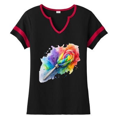 Rainbow Watercolor Candy Brush Multicolor Ladies Halftime Notch Neck Tee