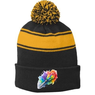 Rainbow Watercolor Candy Brush Multicolor Stripe Pom Pom Beanie