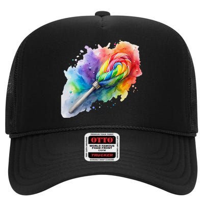 Rainbow Watercolor Candy Brush Multicolor High Crown Mesh Back Trucker Hat