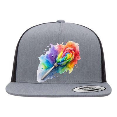 Rainbow Watercolor Candy Brush Multicolor Flat Bill Trucker Hat