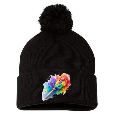 Rainbow Watercolor Candy Brush Multicolor Pom Pom 12in Knit Beanie