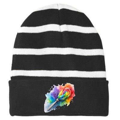 Rainbow Watercolor Candy Brush Multicolor Striped Beanie with Solid Band