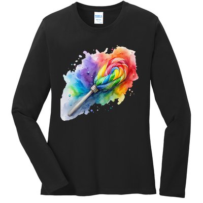 Rainbow Watercolor Candy Brush Multicolor Ladies Long Sleeve Shirt