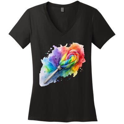 Rainbow Watercolor Candy Brush Multicolor Women's V-Neck T-Shirt