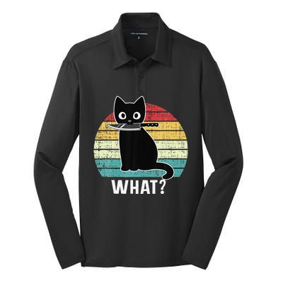 Retro What Cat Black Knife Meow Kitty Funny Cats Mom Dad Silk Touch Performance Long Sleeve Polo