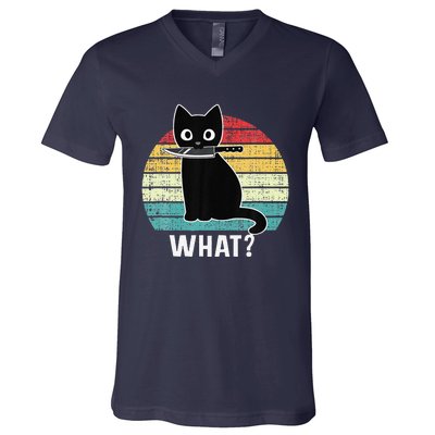 Retro What Cat Black Knife Meow Kitty Funny Cats Mom Dad V-Neck T-Shirt