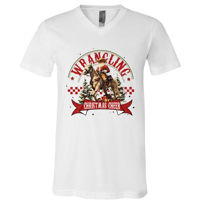 Retro Wrangling Christmas Cheer Cowboy Santa Xmas Holiday V-Neck T-Shirt