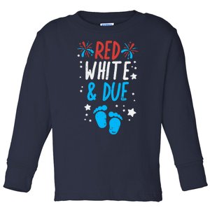 Red White Due Baby Shower 4th Of July Pregnancy Announcement Toddler Long Sleeve Shirt