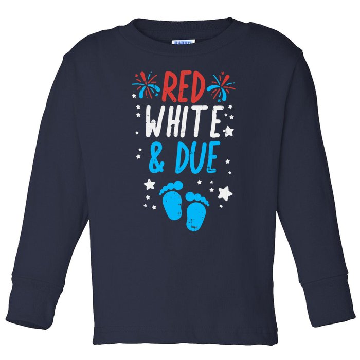 Red White Due Baby Shower 4th Of July Pregnancy Announcement Toddler Long Sleeve Shirt