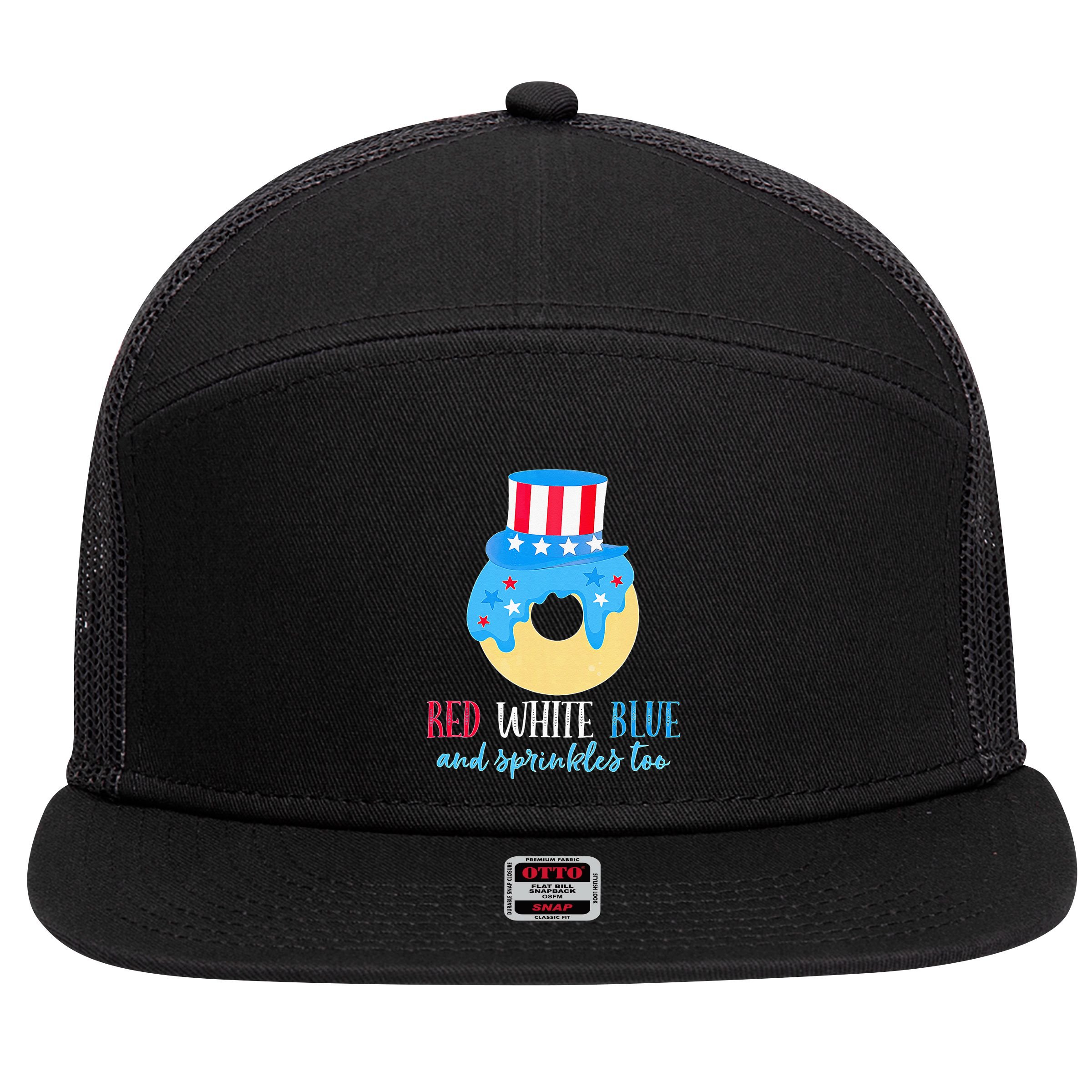 Red White & Donut 4th Of July Independence Day American Flag 7 Panel Mesh Trucker Snapback Hat