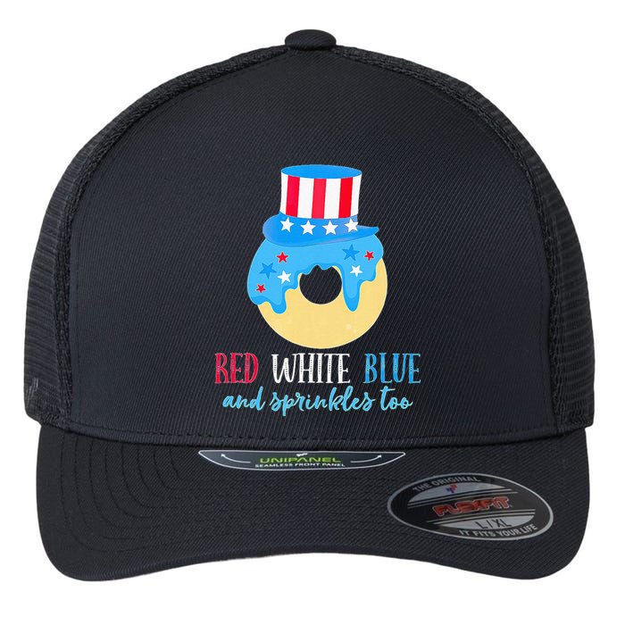 Red White & Donut 4th Of July Independence Day American Flag Flexfit Unipanel Trucker Cap