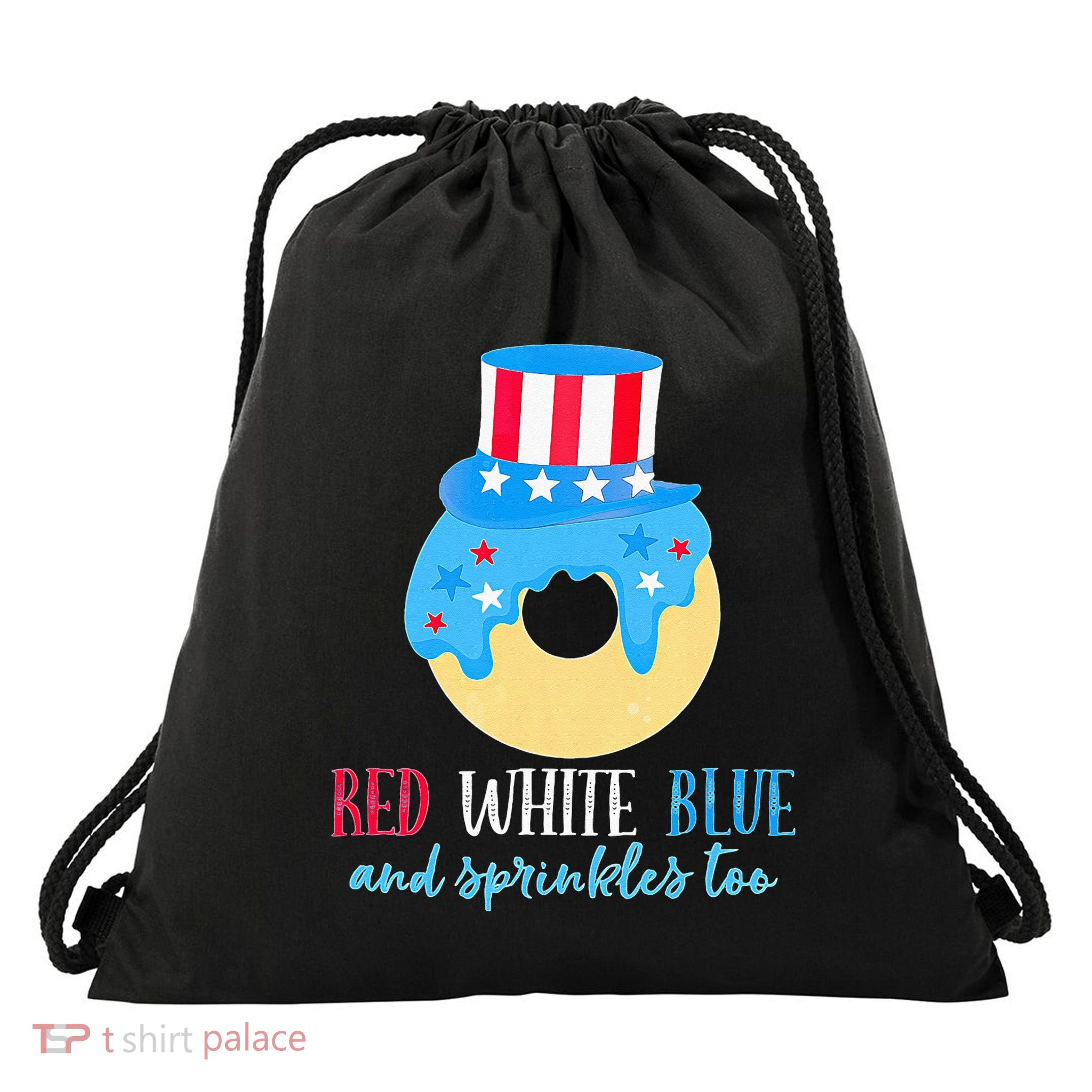 Red White & Donut 4th Of July Independence Day American Flag Drawstring Bag