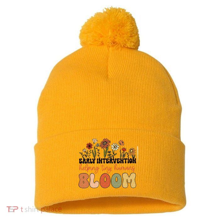 Retro Wildflower Early Intervention Helping Tiny Human Bloom Pom Pom 12in Knit Beanie