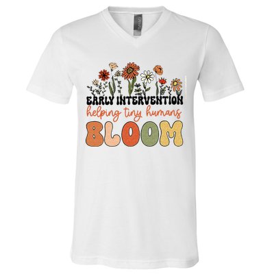 Retro Wildflower Early Intervention Helping Tiny Human Bloom V-Neck T-Shirt