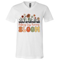 Retro Wildflower Early Intervention Helping Tiny Human Bloom V-Neck T-Shirt