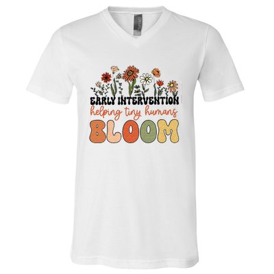 Retro Wildflower Early Intervention Helping Tiny Human Bloom V-Neck T-Shirt