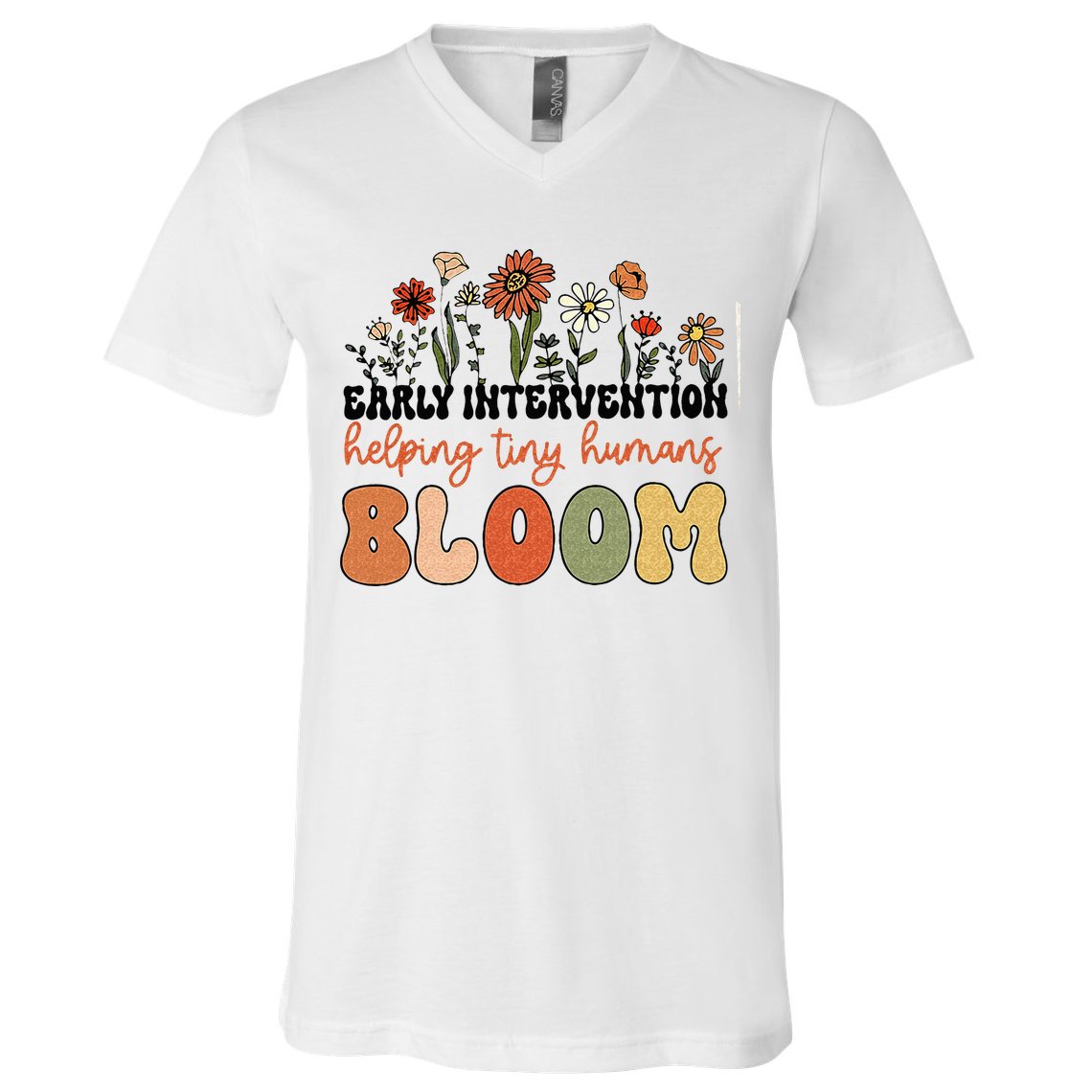 Retro Wildflower Early Intervention Helping Tiny Human Bloom V-Neck T-Shirt