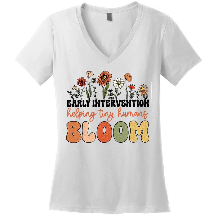 Retro Wildflower Early Intervention Helping Tiny Human Bloom Women's V-Neck T-Shirt