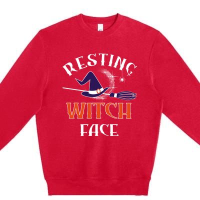 Resting Witch Face Funny Spooky Broomstick Halloween Party Gift Premium Crewneck Sweatshirt