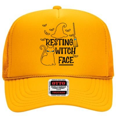 Resting Witch Face Halloween Design Gift High Crown Mesh Back Trucker Hat