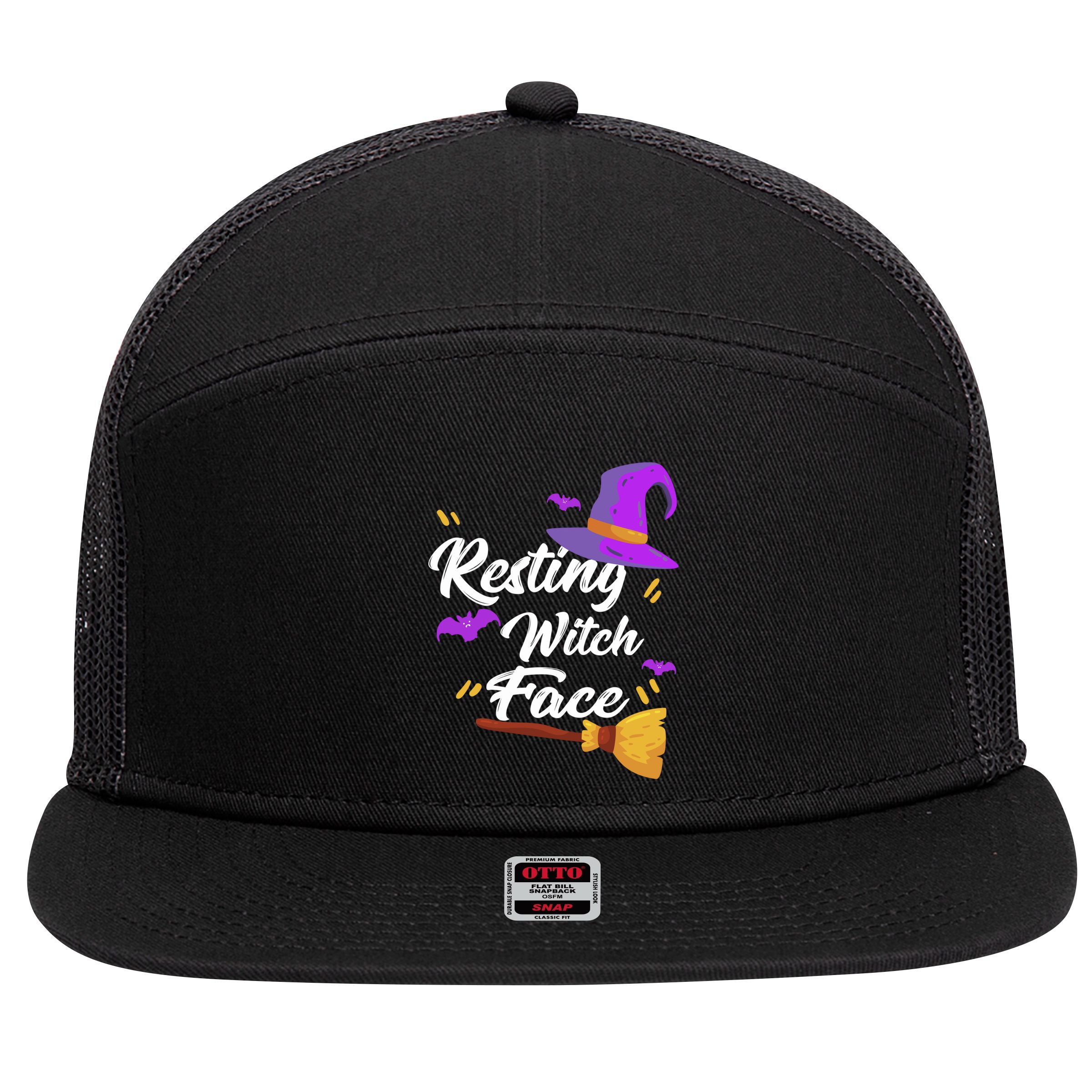 Resting Witch Face Gift Broomstick Fun Spooky Party Gift 7 Panel Mesh Trucker Snapback Hat