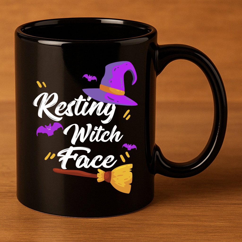 Resting Witch Face Gift Broomstick Fun Spooky Party Gift 11oz C Handle Ceramic Mug
