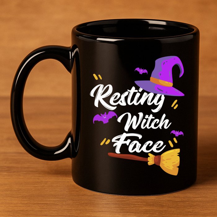 Resting Witch Face Gift Broomstick Fun Spooky Party Gift 11oz C Handle Ceramic Mug