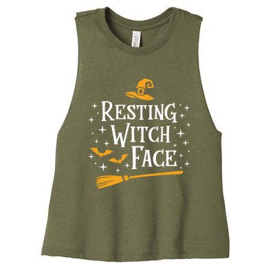 Resting Witch Face Gift Broomstick Funny Spooky Party Women's Racerback Cropped Tank