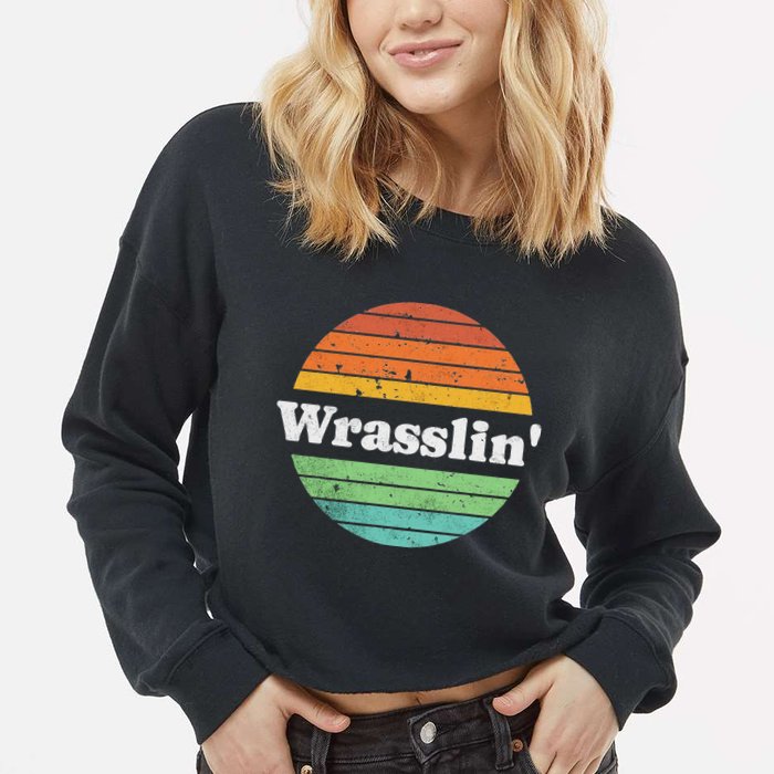 Retro Wrasslin Funny Wrestling Lover 70s Style Cropped Pullover Crew