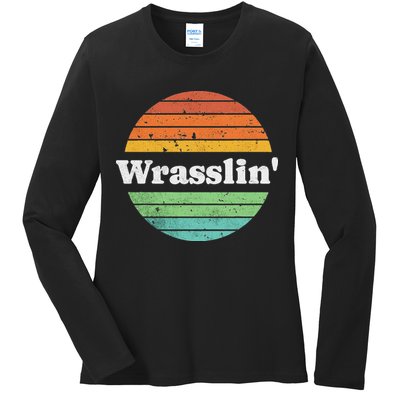Retro Wrasslin Funny Wrestling Lover 70s Style Ladies Long Sleeve Shirt