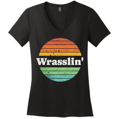 Retro Wrasslin Funny Wrestling Lover 70s Style Women's V-Neck T-Shirt