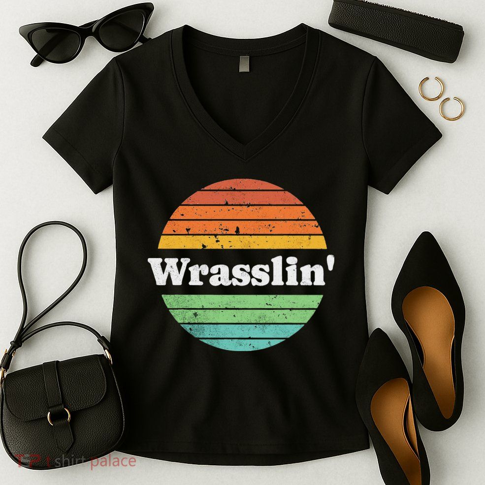 Retro Wrasslin Funny Wrestling Lover 70s Style Women's V-Neck T-Shirt