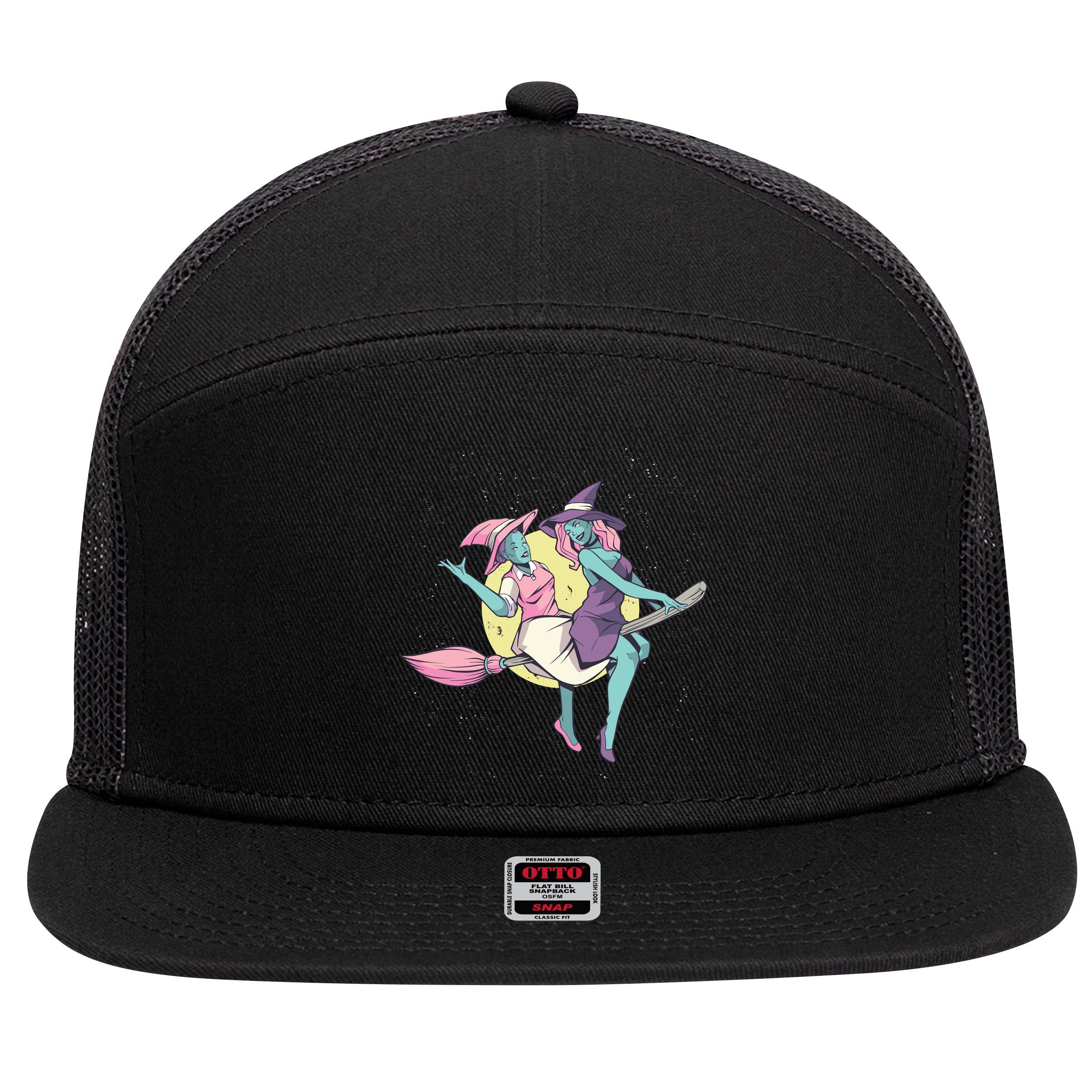 Retro Witches Flying 7 Panel Mesh Trucker Snapback Hat