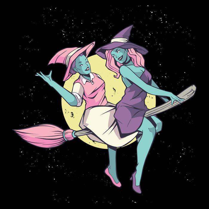 Retro Witches Flying Cropped Pullover Crew
