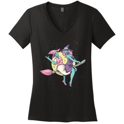 Retro Witches Flying Women's V-Neck T-Shirt