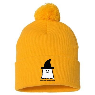 Resting Witch Face Funny Ghost Halloween Pom Pom 12in Knit Beanie